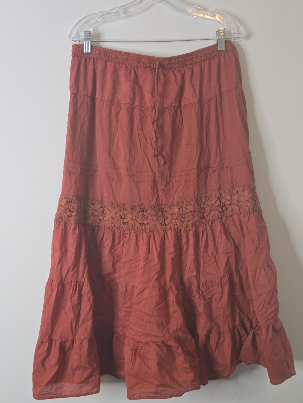 Vintage 100% Cotton Cottagecore Plus Size Rust Crochet-Trim Maxi Skirt - Women's